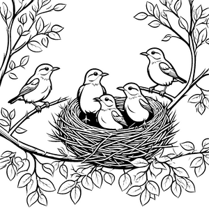 Verspielte Vögel im gemütlichen Nest Ausmalbild für kleine Naturfreunde