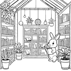 Lernfreudiges Kaninchen in gemütlicher Bibliothek Ausmalvorlage für wissbegierige Bücherwürmer