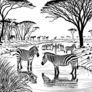 Zwei neugierige Zebras am Wasserloch Ausmalvorlage für abenteuerliche Tierentdecker