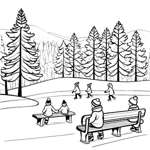 Schlittschuhkünstler auf dem winterlichen Eis Ausmalbild für frohe Winterfreunde