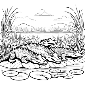 Frohes Krokodil-Treiben auf grünen Seerosen Ausmalvorlage für kleine Naturfreunde