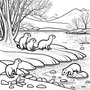 Verspielte Otter-Babys am Ufer des Teiches Ausmalbild für kleine Wasserratten