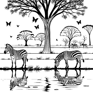 Wasserspiegelnde Zebras unter Bäumen Ausmalvorlage für kleine Naturforscher