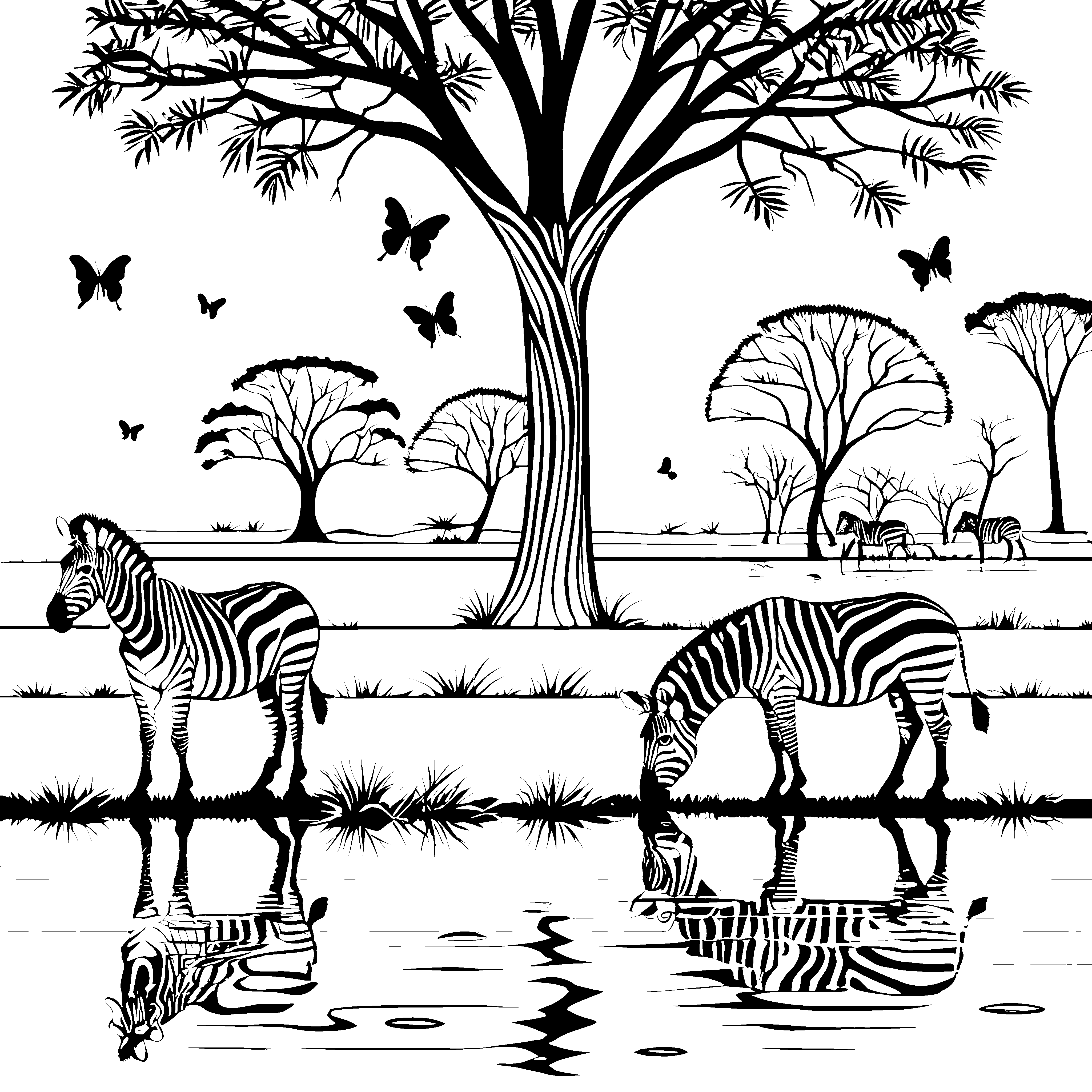 Wasserspiegelnde Zebras unter Bäumen Ausmalvorlage für kleine Naturforscher