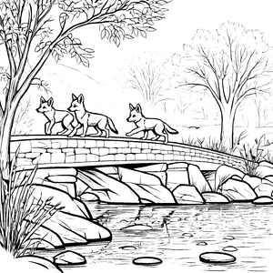 Verspielte Kojoten-Welpen auf malerischer Brücke Ausmalvorlage für junge Naturentdecker