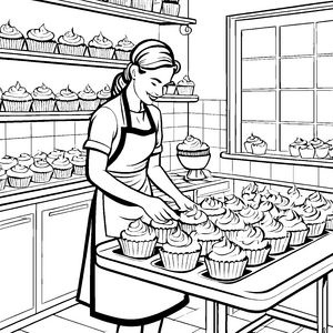 Leckere Cupcakes in buntem Backatelier Ausmalvorlage für kreative Naschkatzen