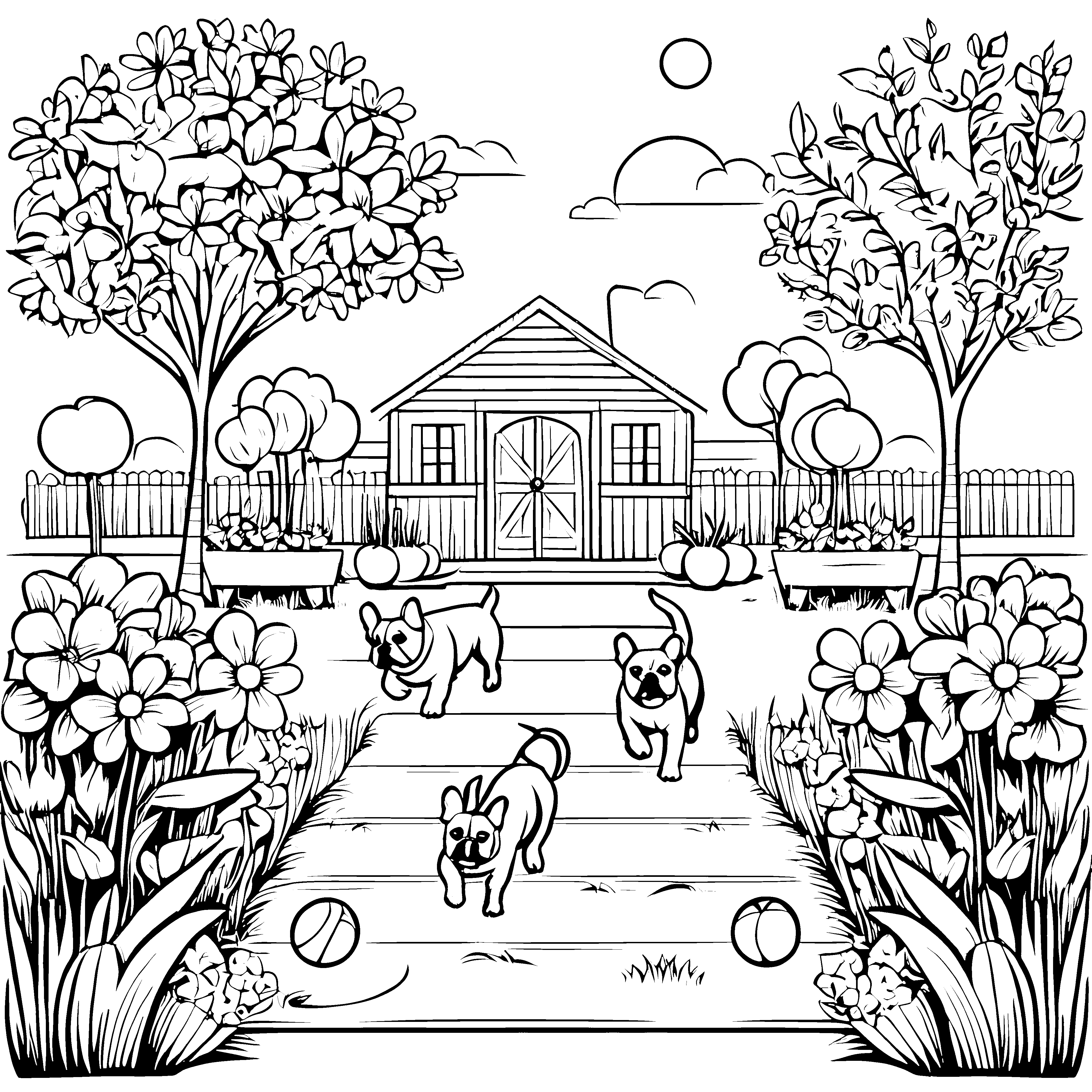 Drei fröhliche Französische Bulldoggen im bunten Garten Ausmalmotiv für lebensfrohe Entdecker