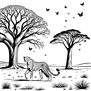 Schlendernder Gepard unter filigranen Bäumen Ausmalvorlage für neugierige Kunstschaffende