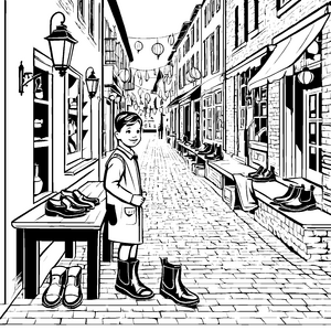 Kreativer Schuhverkäufer auf der gemütlichen Straße Ausmalbild für kleine Modefans