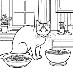 Verspielte Katze mit schmackhaften Futternäpfen Ausmalvorlage für neugierige Tierliebhaber
