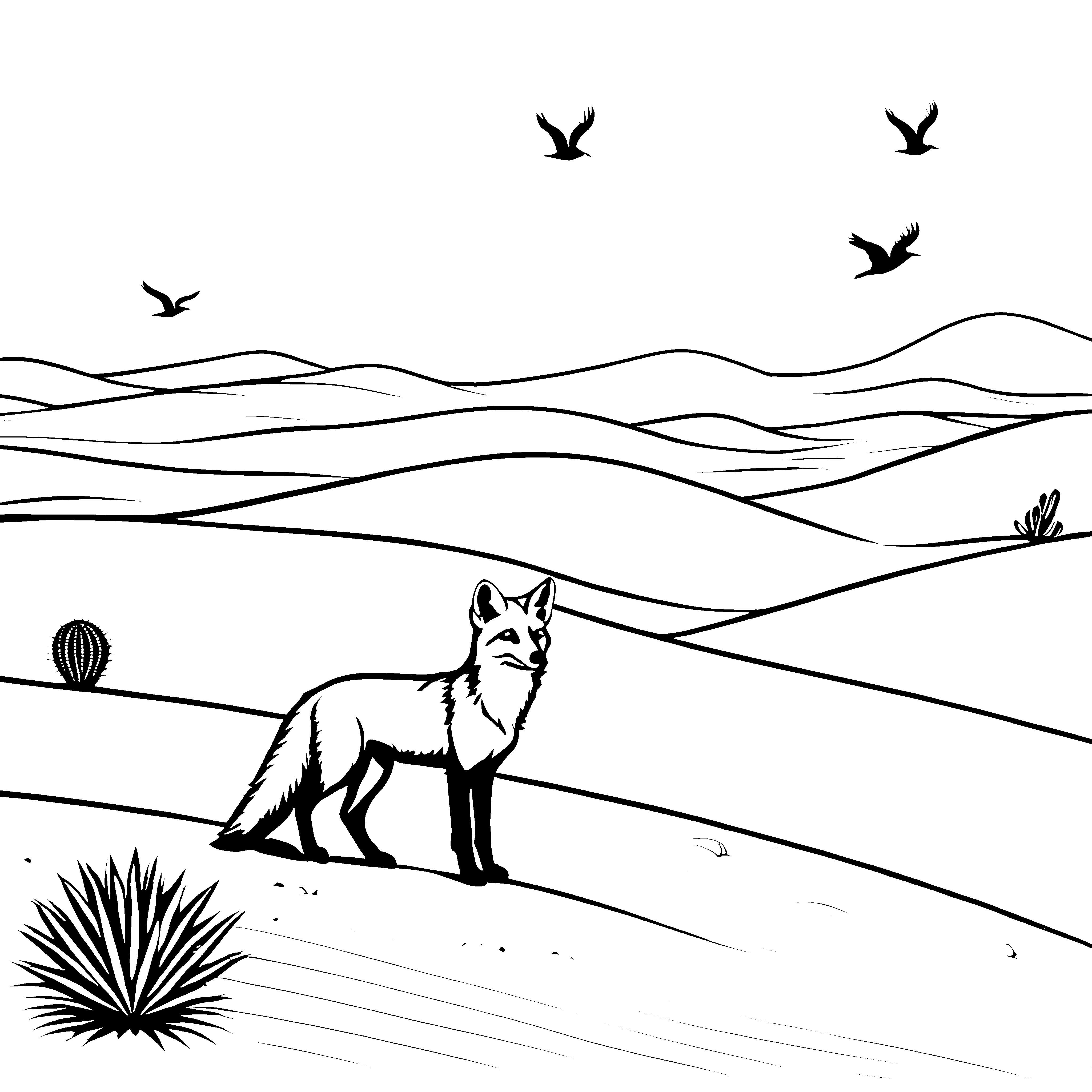 Witziger Wüstenfuchs unter strahlend blauem Himmel Ausmalvorlage für abenteuerliche Tierfreunde