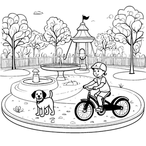 Fröhlicher Radfahrer mit seinem treuen Hund Malvorlage für abenteuerlustige Kinder