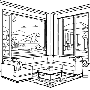 Stylisches Designer-Sofa in modernem Wohnambiente Ausmalbild für kreative Einrichtungsfans