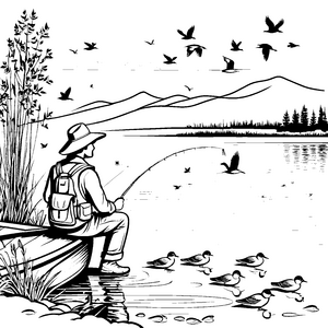 Frohe Angeltage am ruhigen Gewässer Ausmalbild für abenteuerlustige Naturfreunde