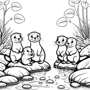 Fröhliche Otter-Babys am Steinernen Ufer Ausmalmotiv für kleine Abenteurer