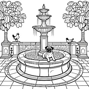 Bezaubernder Mops am sprudelnden Brunnen Ausmalbild für fröhliche Tierentdecker