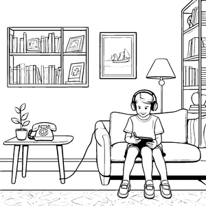 Gemütliches Wohnzimmer mit fröhlichem Kind Ausmalbild für kreative Entdecker