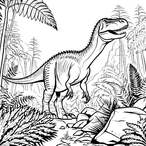 Begeisternder Allosaurus in tropischer Landschaft Ausmalbild für kleine Dino-Entdecker