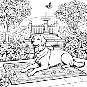 Sonnentreuer Golden Retriever im blühenden Garten Ausmalvorlage für tierliebe Entdecker