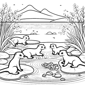 Süße Otter-Babys beim Planschen im Wasser Ausmalvorlage für kleine Abenteurer