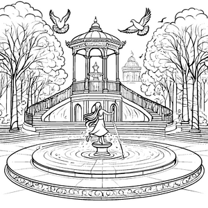Schönes Mädchen mit fließenden Haaren am eleganten Brunnen Malvorlage für träumerische Künstler