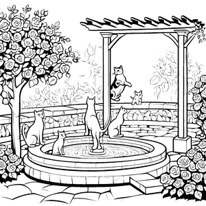 Fröhliche Katzen beim Spielen am Brunnen Malvorlage für neugierige Künstler
