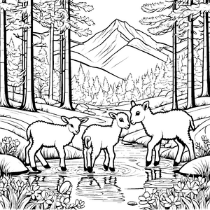 Verspielt planschende Widdersäue im bunten Wasser-Ausmalbild für neugierige Naturentdecker