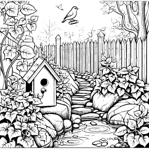 Efeu-gemusterte Gartenidylle mit Vogelhaus Malvorlage für fantasievolle Naturfreunde