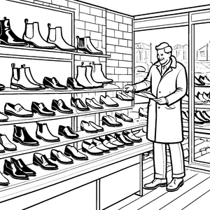 Faszinierender Schuhverkäufer im trendigen Geschäft Ausmalmotiv für modebewusste Kinder