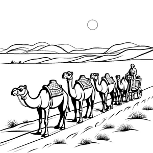 Besondere Kamelkarawane auf sonniger Wüstenreise Ausmalbild für neugierige Entdecker