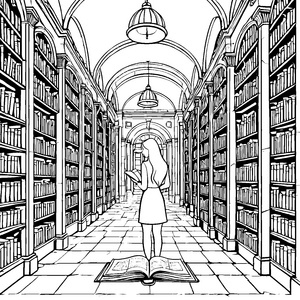 Mädchen mit langen glatten Haaren im Büchertraum Ausmalvorlage für wissbegierige Entdecker