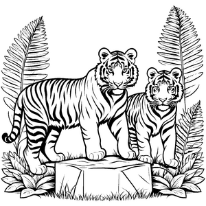 Verspielt posierende Tigerbabys im Dschungel Ausmalmotiv für kleine Abenteurer