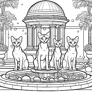 Sphynx Katzen vor majestätischem Brunnen Ausmalbild für elegante Tierliebhaber
