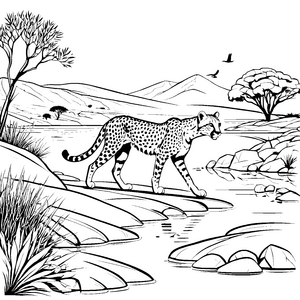 Rasender Gepard am glitzernden Wasser Ausmalmotiv für abenteuerliche Entdecker