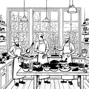 Drei kreative Chefs bei der geschmackvollen Zubereitung Ausmalbild für leidenschaftliche Feinschmecker