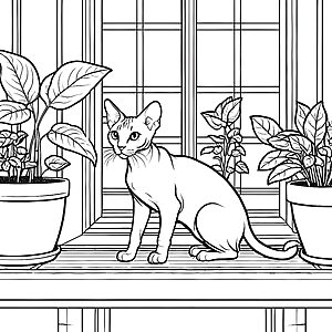 Charmante Sphynx Katze in gemütlichem Pflanzenparadies Ausmalvorlage für kreative Tierfreunde