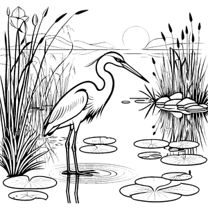 Majestätischer Reiher am glitzernden Teich Ausmalbild für junge Naturentdecker