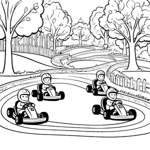 Rasante Kartbahn mit fröhlichen Fahrern Malvorlage für kleine Geschwindigkeitsfanatiker
