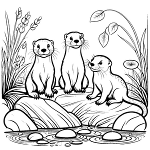 Verspielte Otter-Babys auf dem Steinhaufen Malvorlage für kleine Abenteurer