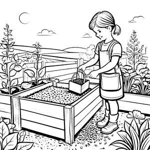 Grünes Beet mit sorgsamem Mädchen beim Pflanzen Ausmalvorlage für kleine Gartenliebhaber