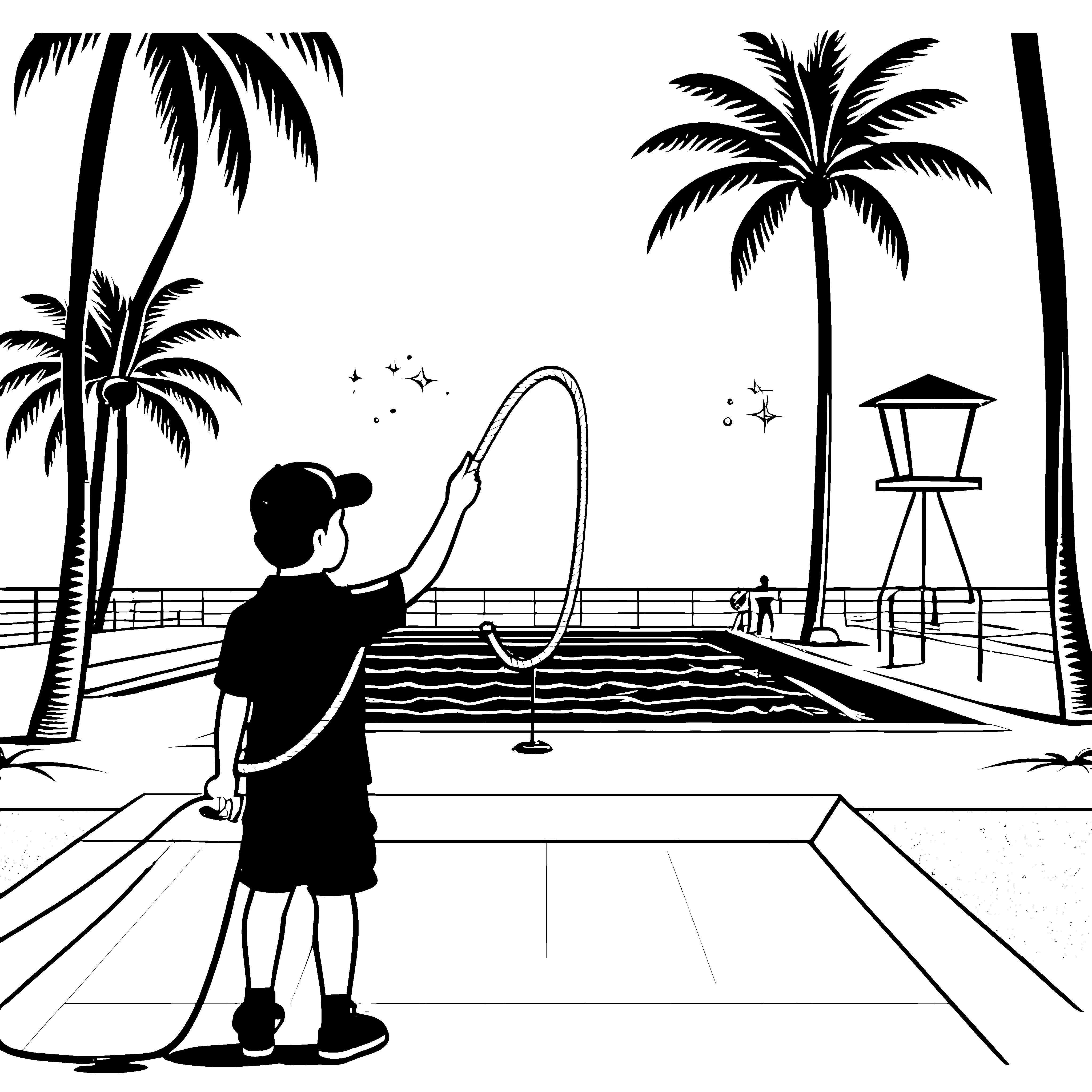Energiegeladener Bademeister am spritzigen Pool Ausmalvorlage für kleine Abenteuerlustige