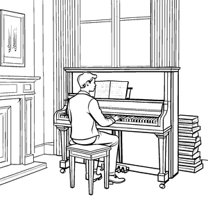 Faszinierender Pianist am eleganten Klavier Ausmalvorlage für musikalische Entdecker