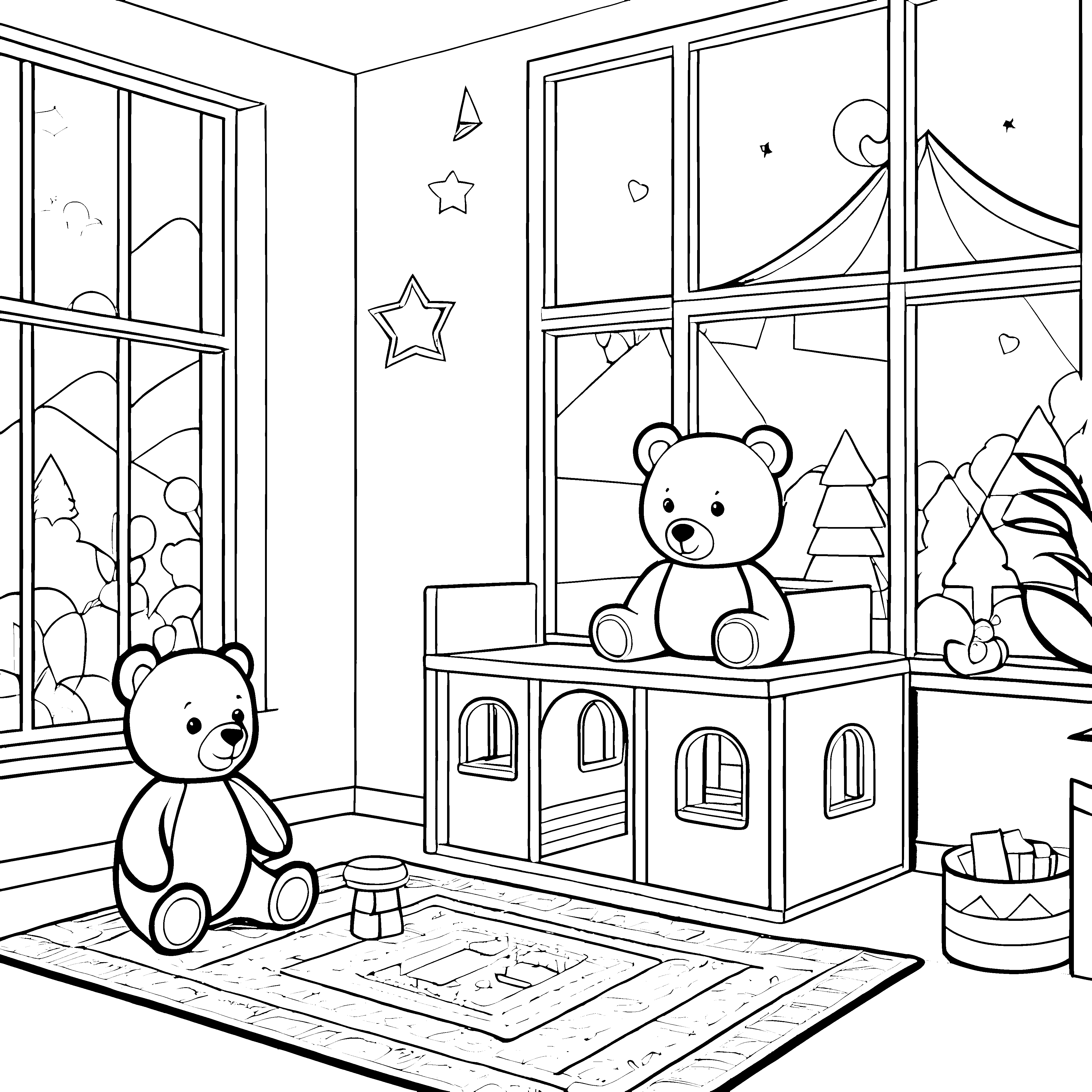 Kuschelige Bärenfreunde im bunten Kinderzimmer Ausmalvorlage für kleine Träumer