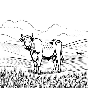 Bezaubernde Kuh in der goldenen Weizenlandschaft Ausmalvorlage für kleine Bauernfreunde