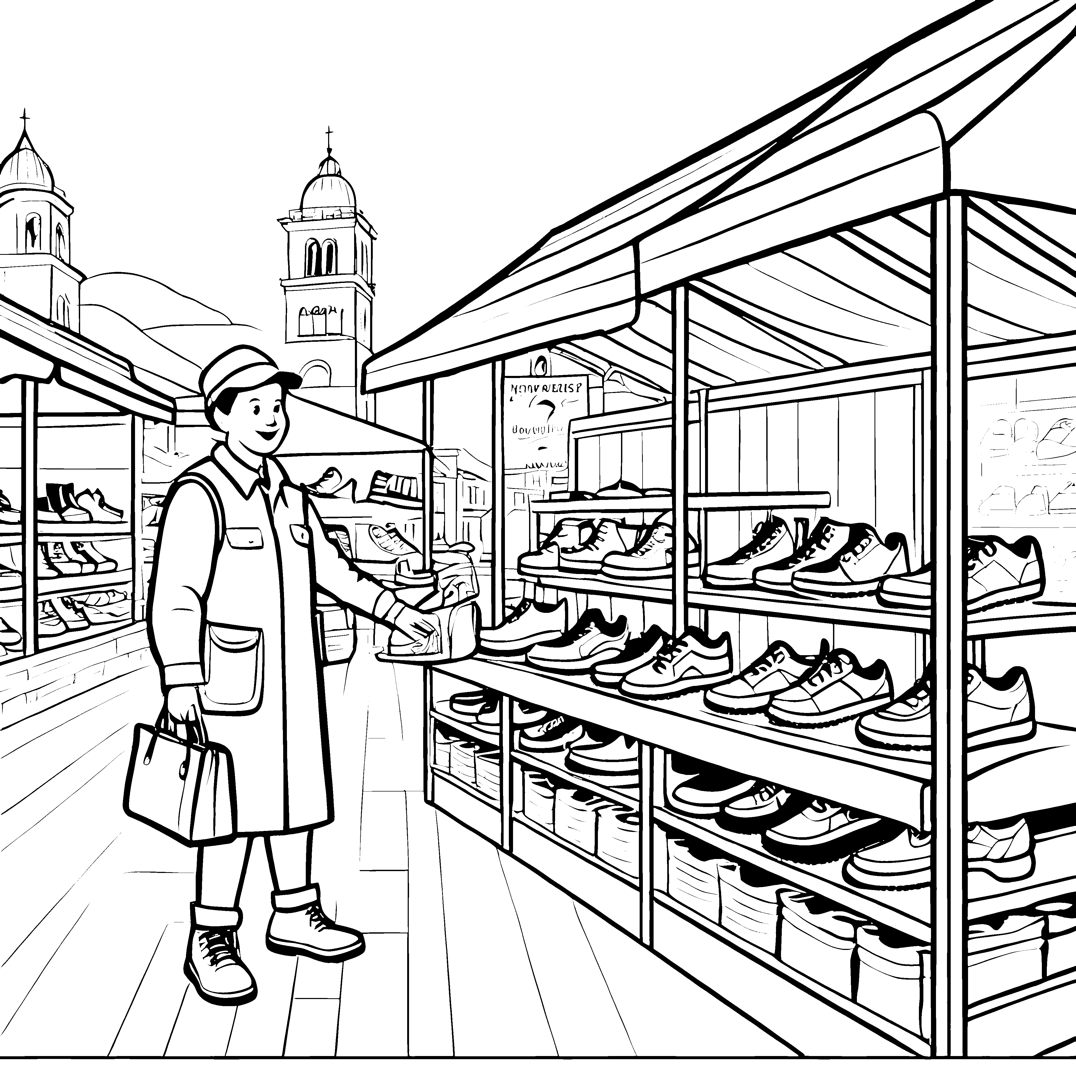 Modischer Schuhverkäufer in belebtem Markt Ausmalbild für trendbewusste Kinder