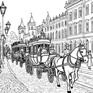 Elegante Kutschenfahrt durch prächtige Straßen Malvorlage für fantasievolle Entdecker