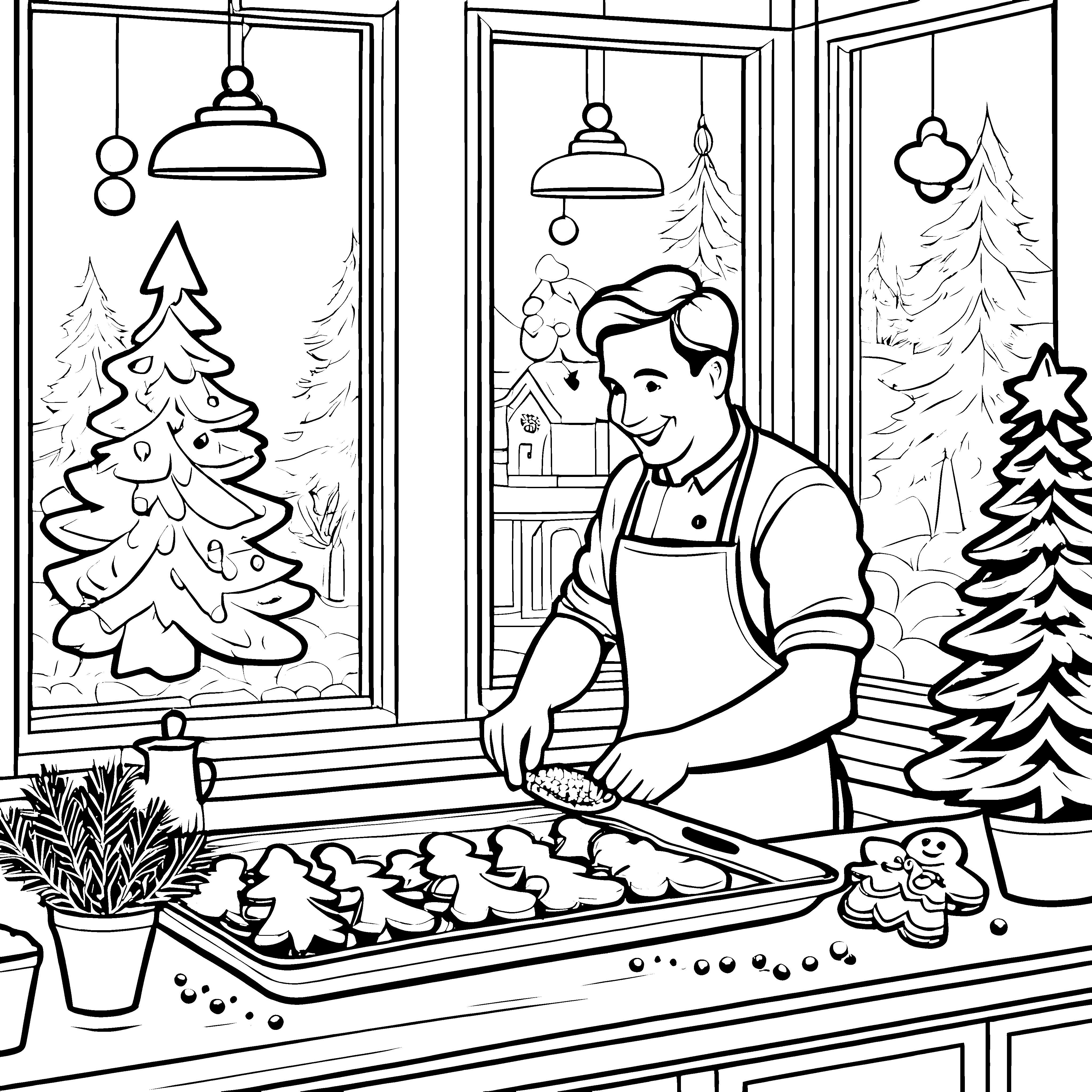 Fröhliche Lebkuchenmänner in der festlichen Bäckerei Ausmalbild für kreative Weihnachtsfreunde