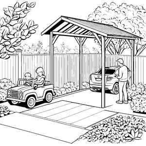 Atemberaubender Carport im Gartenparadies Ausmalbild für kleine Fahrzeugliebhaber