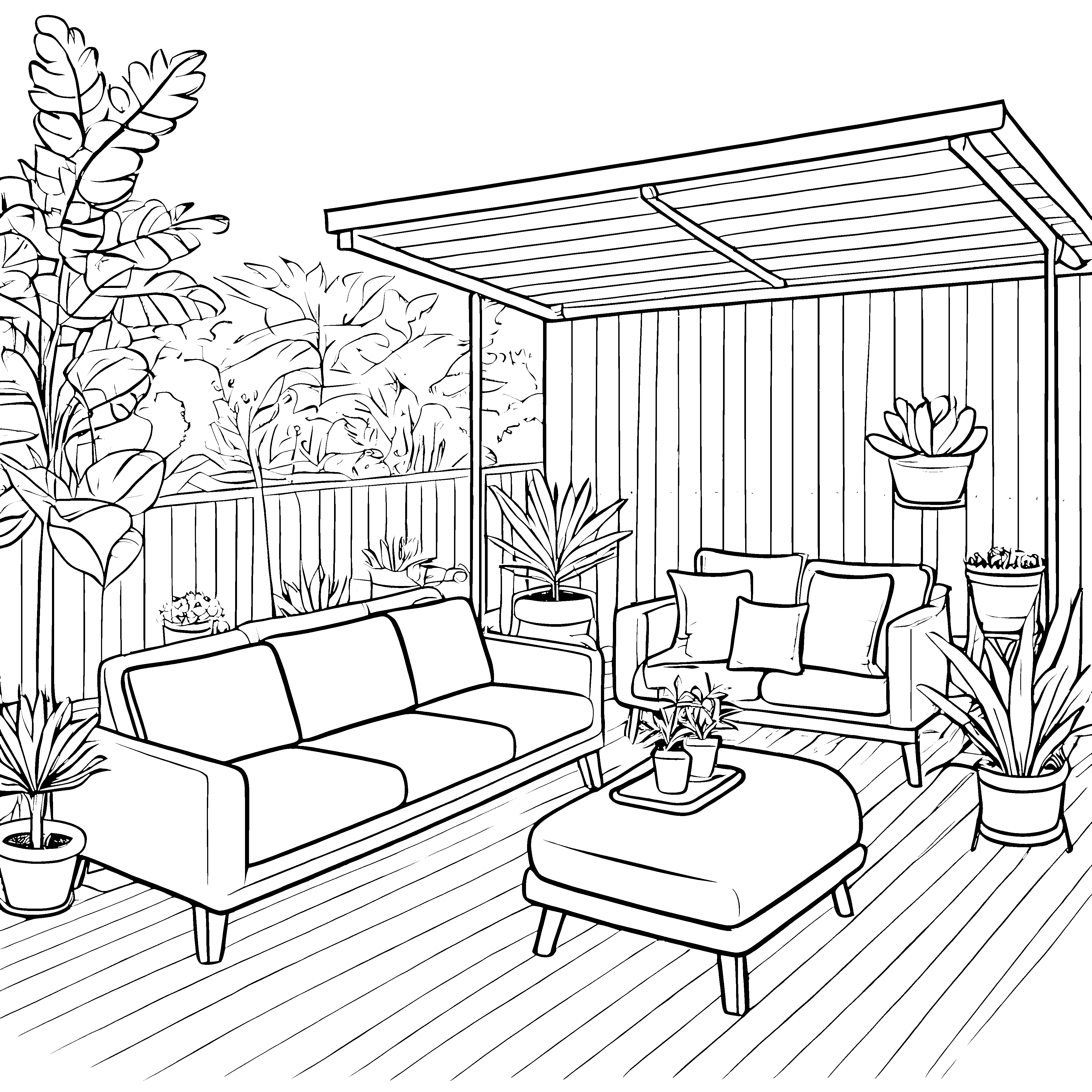 Stilvolles Zweisitzer-Sofa im bunten Garten Ausmalbild für kreative Raumgestalter