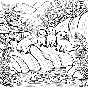 Fröhliche Otter-Babys auf dem Felsen Ausmalvorlage für kleine Naturentdecker